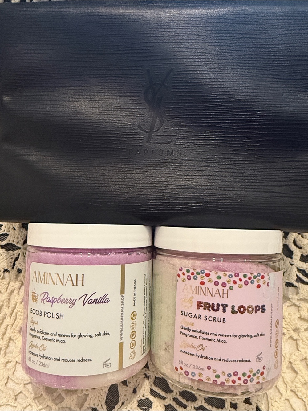 AMINNA Raspberry Vanilla & Fruit Loops Sugar Scrub Duo, YSL Toiletry Bag- Pink